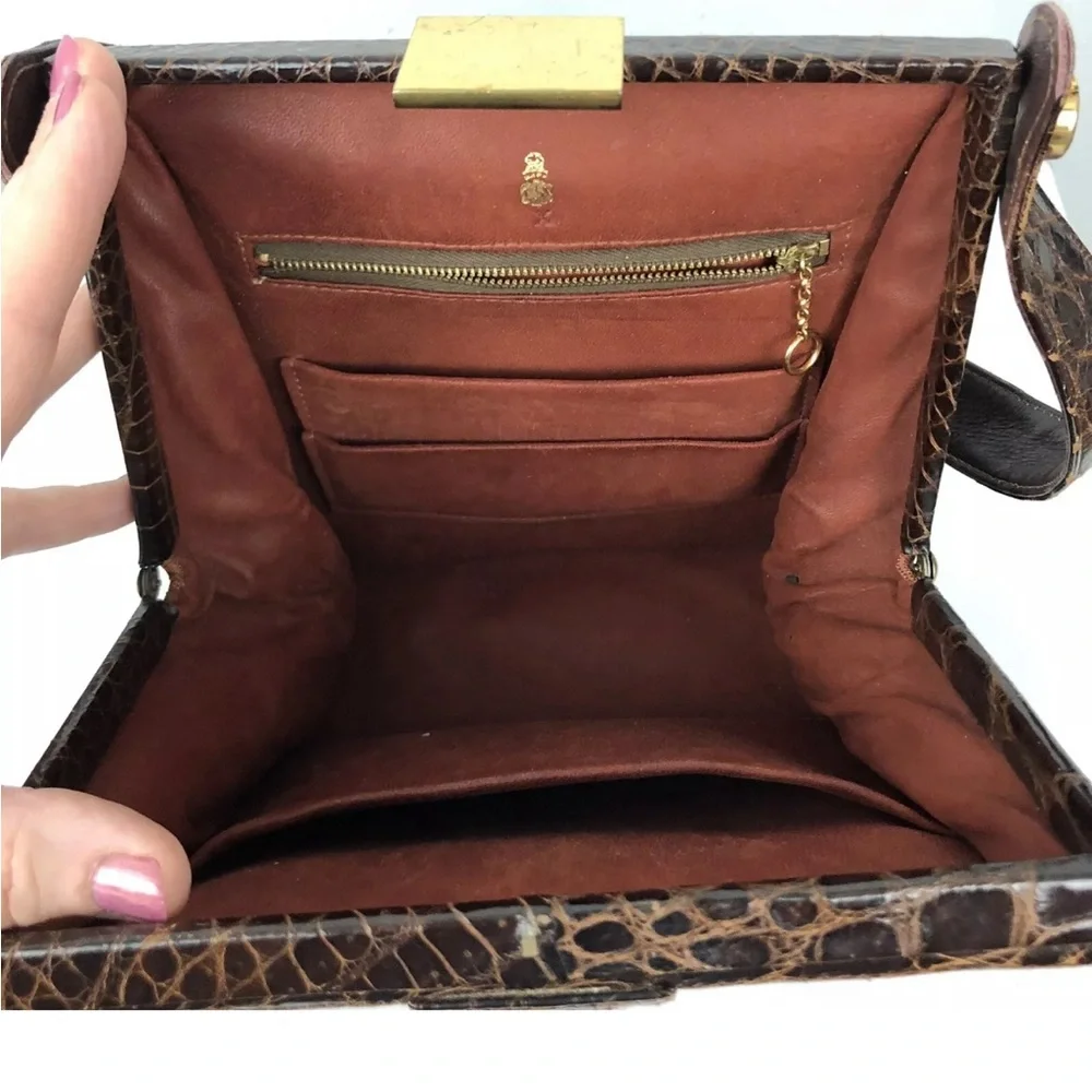VTG Mark Cross Satchel Box Bag Brown Alligator Leather Gold Hardware Dust Bag